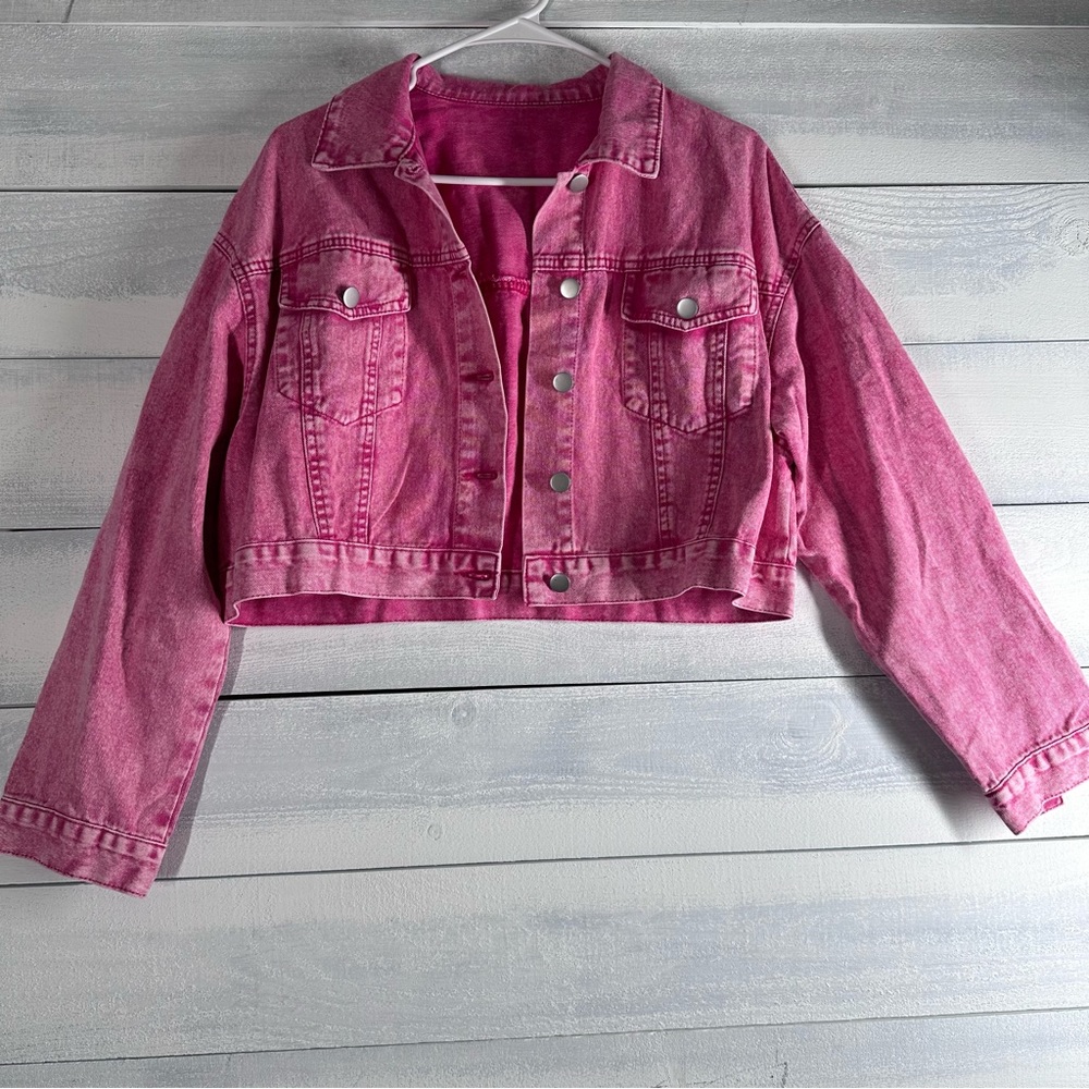 Pink Distressed Cropped Denim Jacket L